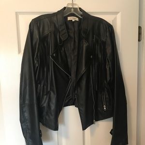 Black, fringe faux leather moto jacket